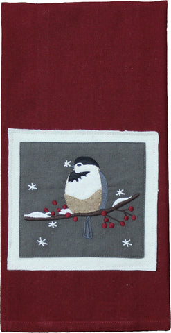 Chickadees Towel (Set of 2) features a detailled applique and embroidery patch on a red ground.