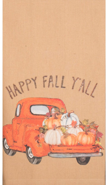 Happy Fall Y'all Towel (set of 2) is features a vintage truck hauling pumpkins.