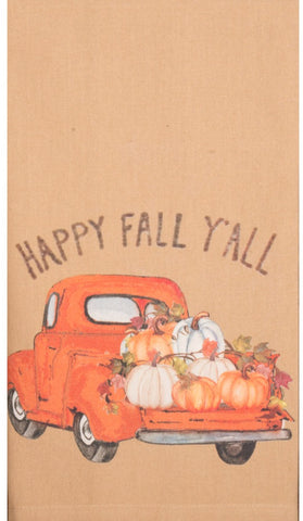 Happy Fall Y'all Towel (set of 2) is features a vintage truck hauling pumpkins.