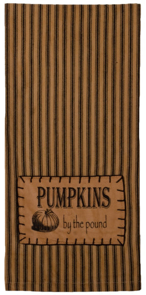 Pumpkins by the Pound Towel (set of 2), features a vintage look on a tea dyed black and tan ticking stipe.  Fall Decor.