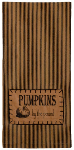 Pumpkins by the Pound Towel (set of 2), features a vintage look on a tea dyed black and tan ticking stipe.  Fall Decor.