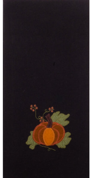 Pick A Pumpkin Black Towel (set of 2)l features an applique pumpkin surround with leaves and a touch of pip berries on a black background