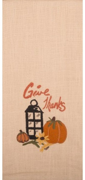 Our Give Thanks Towel is made of cotton with an elegant design featureing a lantern and pumpkins. This is an 18 inch x 28 inch towel. The unique design lends a distinctive touch.
