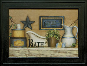 The Buttermilk Bath framed print is a lovely country still life featuring a pitcher, soaps, powder boxes, greenery, and more on a weathered shelf. See website for free s/h and discount offers.  Primitive Country Farmhouse Home Decor.