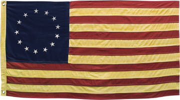 Aged Betsy Ross Flag has 13 embroidered stars on a deep navy field with 13 stripes. The high-quality heavy cotton fabric is tea-dyed for a primitive, aged appearance. Machine washable and colorfast. 17" H x 28" W. Visit website for FREE s/h & discount offers. Primitive Country Farmhouse Decor.