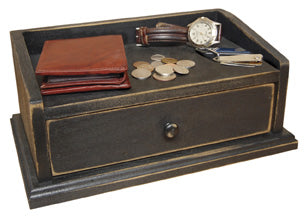 The Black Dresser Valet is painted black and distressed, with a drawer for storage. Measures 5" high by 12" wide and is 7¼" deep. See website for free shipping offer. Primitive Country Farmhouse Home Decor.