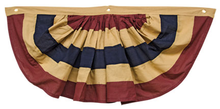 Red, White, And Blue Bunting. This tea-stained patriotic red, white, and blue striped bunting is a light yet sturdy fabric. It measures 36" across by 16" high. Visit website for FREE s/h & discount offers. Primitive Country Farmhouse Americana Home Decor Accessories.