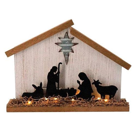 Bring rustic inspiration to your holiday home with this Wooden Nativity with LED Light. Features a barn frame, galvanized star, moss detailing, and soft illumination for primitive or farmhouse Christmas décor.