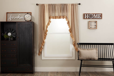 Sawyer Mill Charcoal Patchwork Long Swag 63x72 with ash grey, crème, and black plaid. Primitive country farmhouse curtain with burlap ruffle trim.