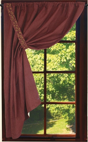 The Primitive Ticking Wine Panel is perfect for country to traditional home styles. Panel measure 56"x63" and has a 2" header and a 2.5" rod pocket. Tie back with berry vine embroidered details included.