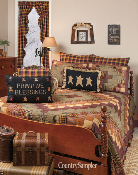 Heritage Farms King Quilt 105Wx95L, decorated with cascading blocks of various crimsons, mustards, and black for a visually mesmerizing and enticing look. Primitive Country Farmhouse Quilted Bedding Home Decor.