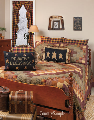 Heritage Farms King Quilt 105Wx95L, decorated with cascading blocks of various crimsons, mustards, and black for a visually mesmerizing and enticing look. Primitive Country Farmhouse Quilted Bedding Home Decor.