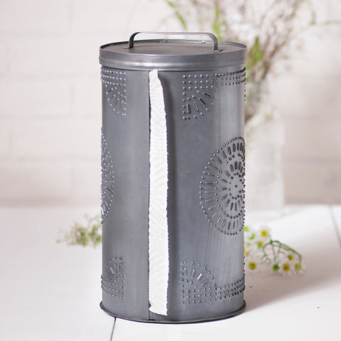 Antique Tin punched paper towel dispenser adds Country charm to your kitchen. Durable tin construction with a rustic finish. Perfect countertop accessory.