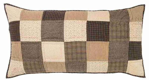 Kettle Grove King Sham. Featuring assorted patchwork blocks in creme, black and tan. Primitive Country Farmhouse Bedding Home Decor.