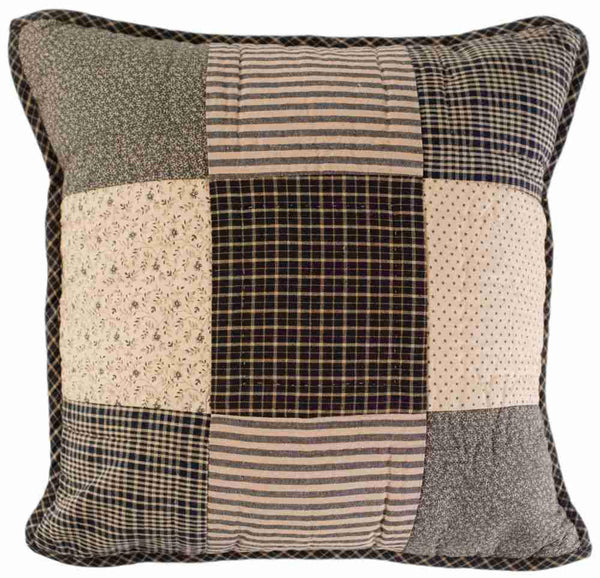 Kettle Grove Quilted Pillow 16x16, Featuring assorted patchwork blocks in crem, black, and tan. Primitive Country Farmhouse Bedding Home Decor.