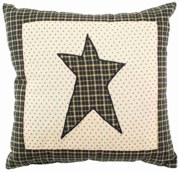 Kettle Grove Pillow Star 16x16, Applique primitive star on charcoal and creme ditsy star ground with black and tan plaid border. Primitive Country Farmhouse Bedding Home Decor.