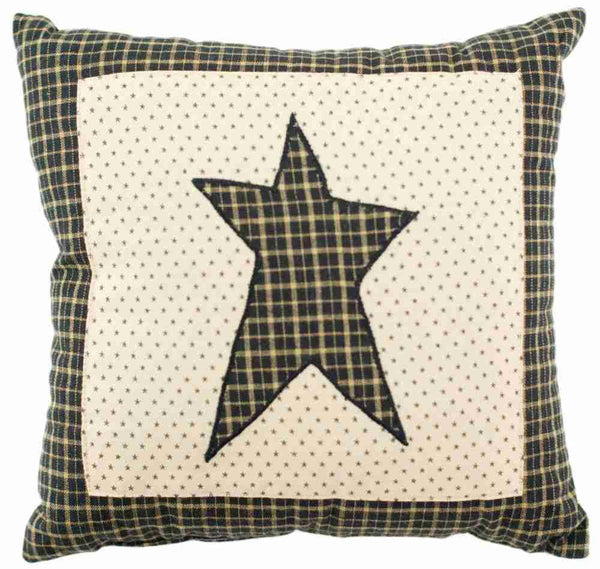 Kettle Grove Pillow Star 10x10, Applique primitive star on charcoal and creme ditsy star ground with black and tan plaid border. Primitive Country Farmhouse Bedding Home Decor.