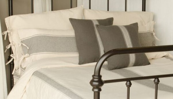 Grain Sack Stripe Cream-Pewter Queen Bed Cover Combo - Bed Cover, 2 Pewter Pillow Covers, 2 Cream Pillow Shams, 2 Pewter Lumbar Pillow Covers
