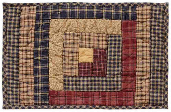 Millsboro Log Cabin Block Quilted Placemats, Set of 6 log cabin block design in Navy, tan and burgundy. Primitive Country Farmhouse Table Kitchen Home Decor & Accessories.