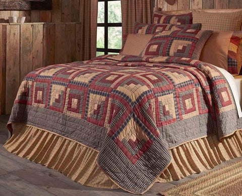 Millsboro King Quilt 110Wx97L, vintage log cabin patchwork design with contrasting colors of navy, burgundy, and tan, finished with a navy plaid border. Primitive Country Farmhouse Bedding Home Decor.