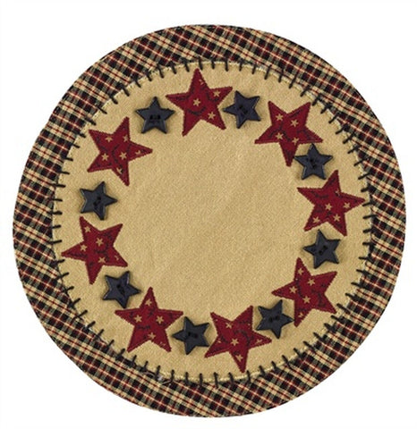 Accent mat with burgundy and black stars. Burgundy black and tan plaid. Burlap stitched in middle. Primitive farmhouse, stars, decoration, burgundy, tan, and black