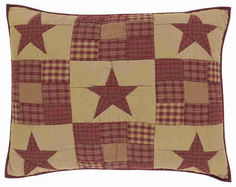 Ninepatch Star Standard Sham 21x27, Burgundy, Dark Tan checks with a 3x3 grid of plaid stars and nine patch blocks. Primitive Country Farmhouse Quilted Bedding Home Decor.