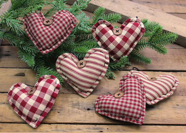 Set of 6 red heart cotton ornaments in barn red check and ticking fabric for primitive farmhouse décor