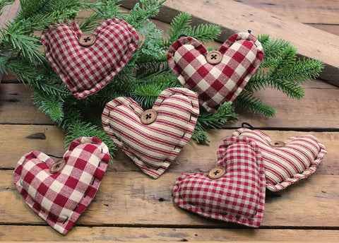 Set of 6 red heart cotton ornaments in barn red check and ticking fabric for primitive farmhouse décor