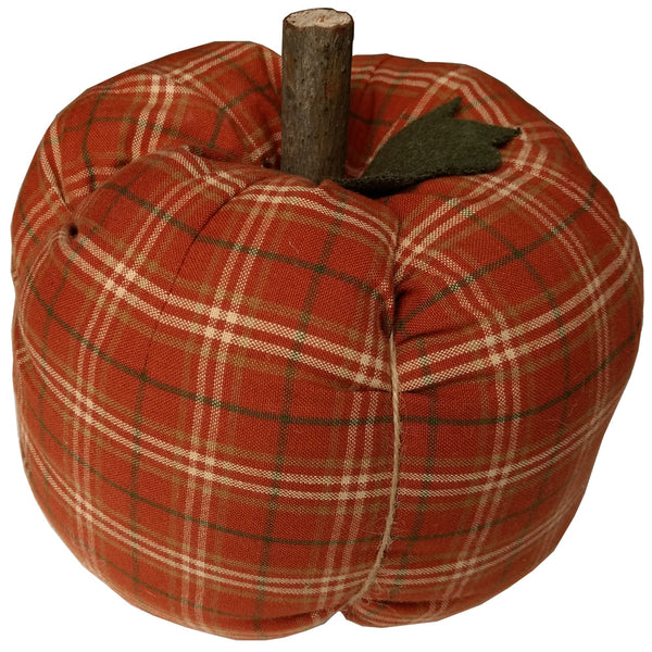 Stuffed Pumpkin Spice8"x6" (large) features a stem and leaft with an orange, creem and green plaid.
