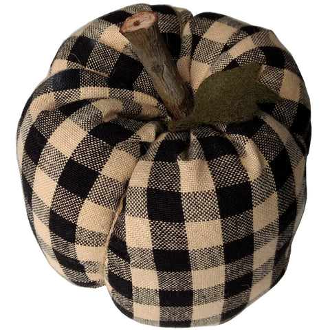 Stuffed Pumpkin Heritage Black 8"x6" (large) features a stem with leaf and black with dark cream checks.