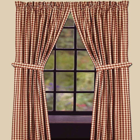 Our barn red heritage house check panels are made of cotton. This is a 72" x 63" (2 pcs) set of fully lined panels with a 2" header and a 2.5" Rod pocket.