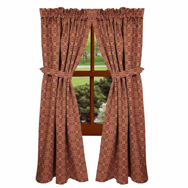 Our Marshfield Jacquard Barn Red - Tan Panels are made of cotton. This is a 72" x 63" (2 pcs) set of fully lined panels with a 2" header and a 2.5" rod pocket. See website for free shipping offer. Primitive Country Home Decor.