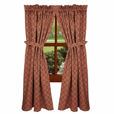 Our Marshfield Jacquard Barn Red - Tan Panels are made of cotton. This is a 72" x 63" (2 pcs) set of fully lined panels with a 2" header and a 2.5" rod pocket. See website for free shipping offer. Primitive Country Home Decor.