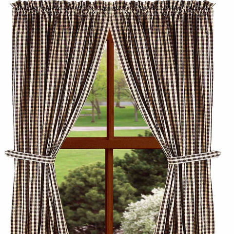 Our Black Heritage House Check panels are made of cotton. This is a 84" x 86" (2 pcs) set of fully lined panels with a 2" header and a 2.5" rod pocket.