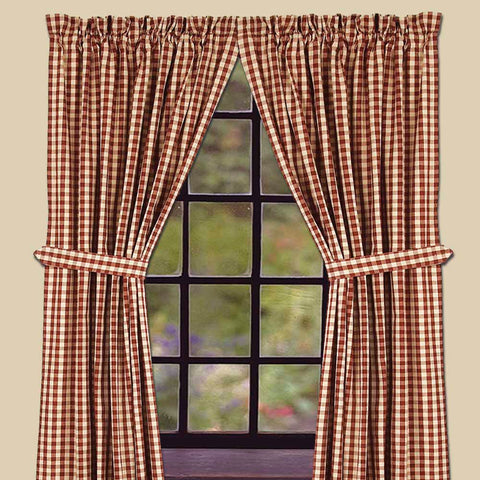 Our Barn Red Heritage House Check panels are made of cotton. This is a 84" x 86" (2 pcs) set of fully lined panels with a 2" header and a 2.5" rod pocket.