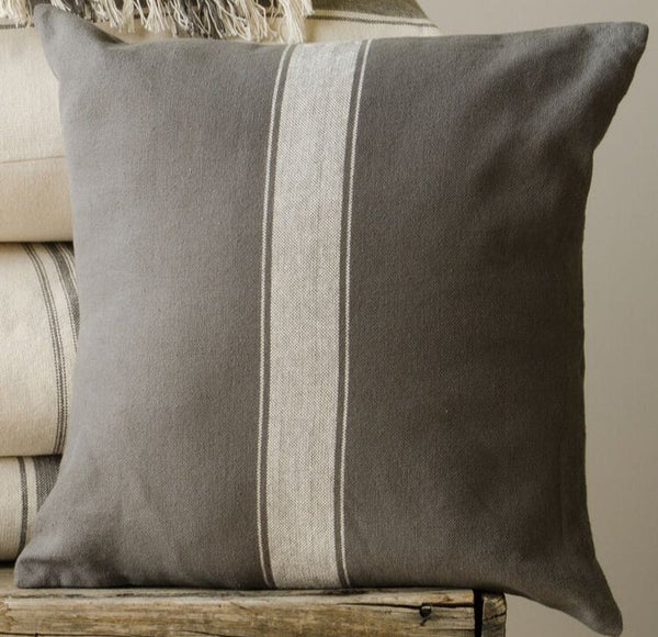 Grain Sack Stripe Cream-Pewter Queen Bed Cover Combo - Bed Cover, 2 Pewter Pillow Covers, 2 Cream Pillow Shams, 2 Pewter Lumbar Pillow Covers