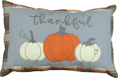 Fall Sky Thankful 14x20 pumpkin lumbar pillow in gray orange cream plaid