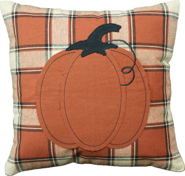 Harvest Moon Pumpkin Pillow 14" pairs colors pumpkin spice, black and cream plaid with a pumpkin applique to create an adorable pillow perfect to celebrate fall.  Finish the look with these coordinating items! Measures 14" x 14"