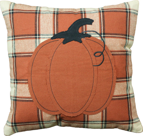 Harvest Moon Pumpkin Pillow 14" pairs colors pumpkin spice, black and cream plaid with a pumpkin applique to create an adorable pillow perfect to celebrate fall.  Finish the look with these coordinating items! Measures 14" x 14"