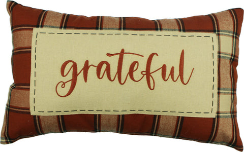 Harvest Moon Grateful Pillow 14x20 pairs a pumpkin spice, black and cream plaid with a embroiderd patch applique to create an adorable pillow perfect to celebrate fall. 