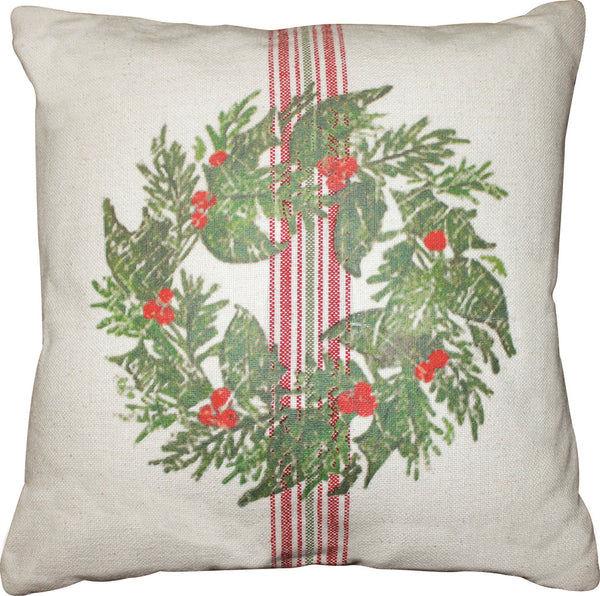 The Holiday Grain Sack Wreath Pillow features our premium quality red and green grain sack with a vintage printed wreath. It’s the perfect accent to any holiday décor.