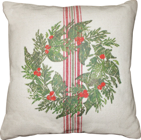 The Holiday Grain Sack Wreath Pillow features our premium quality red and green grain sack with a vintage printed wreath. It’s the perfect accent to any holiday décor.