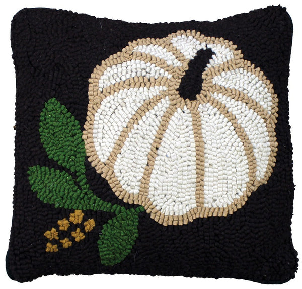 White Pumpkin Hooked Pillow features a white pumpkin on a black backbround.  Perfect edition to your Fall Decor.