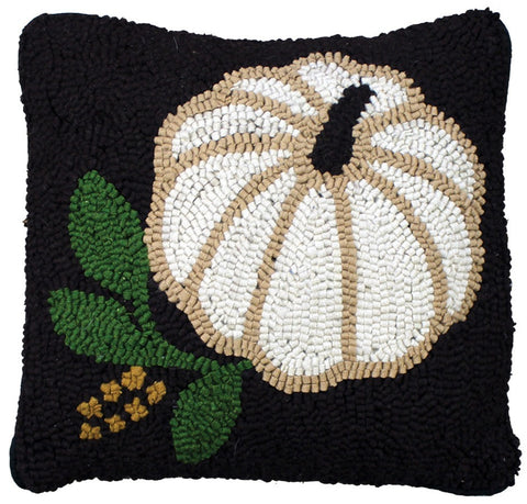 White Pumpkin Hooked Pillow features a white pumpkin on a black backbround.  Perfect edition to your Fall Decor.