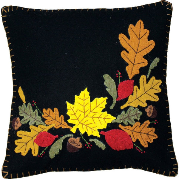 Fall Leaves & Acorns Black Pillow Cover features various colors of applique leaves on a black background.  Perfect touch for your Fall Decor.
