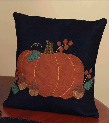 Pumpkin & Acorns Pillow features an applique pumpkin surrounded by acorns. Primitive Country Farmhouse Home Decor.