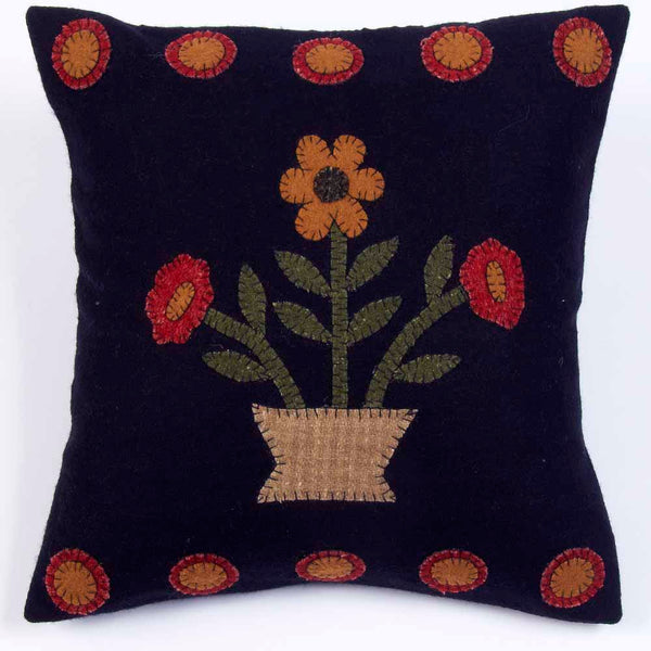 Blooms Wool Felt Pillow – Primitive Country Black & Mustard 14x14