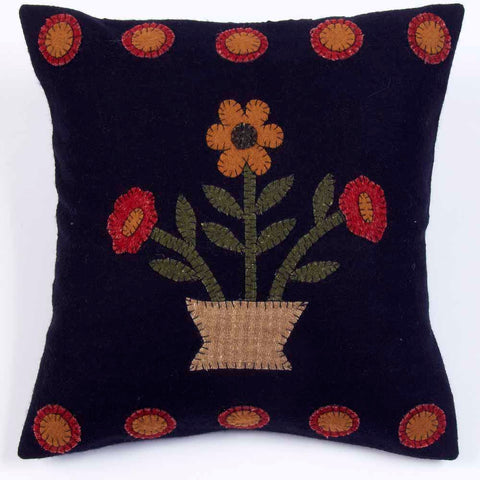 Blooms Wool Felt Pillow – Primitive Country Black & Mustard 14x14