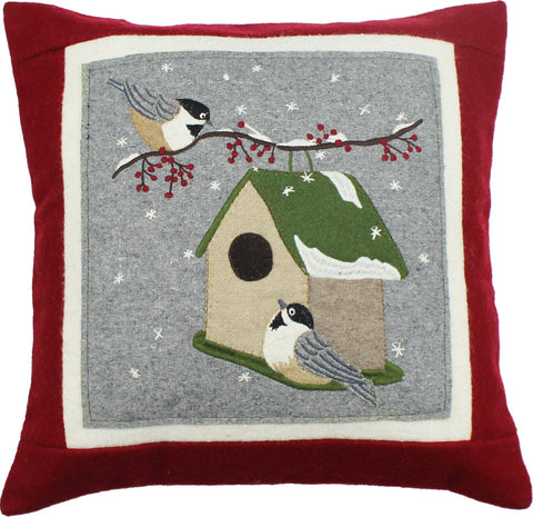 Chickadees Wool Felt Pillow 14x14 features a detailed embroidery and applique dseign that celebrates the beauty of nature and the comfort of home.