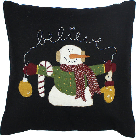 Snowman Believe Pillow 14x14 – Wool-Felt Christmas Accent